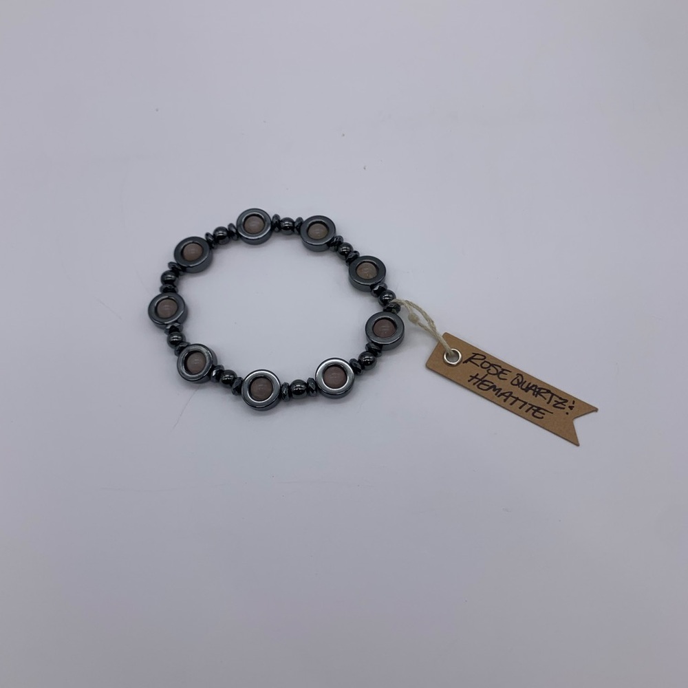 6mm Beaded ROSE QUARTZ Ornate HEMATITE Stretch Bracelet Brand New